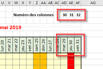 Dates calculated for the column 30, 31 and 32